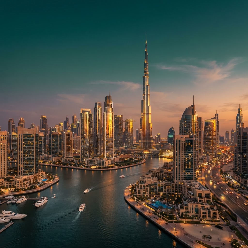Dubai skyline at golden hour